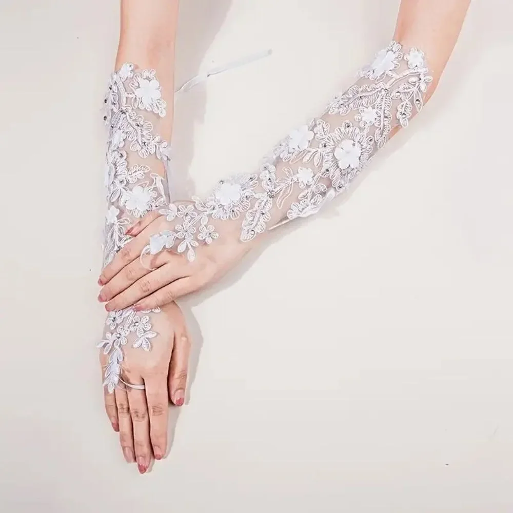 White Tulle and Lace Fingerless Bridal Wedding Gloves With Rhinestone Accents